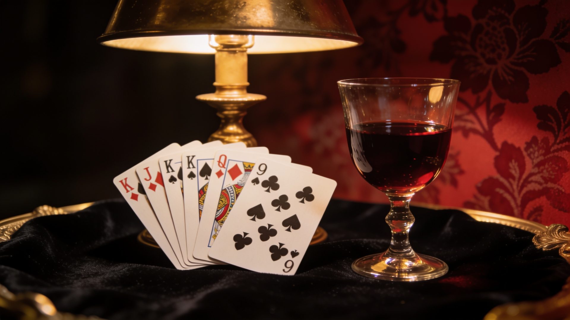 Belote on the W.F.A. deck, on black velvet under a brass lamp