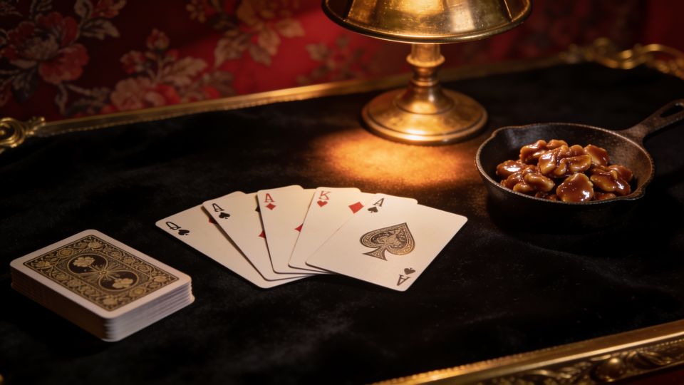 Bourre on the W.F.A. deck, on black velvet under a brass lamp