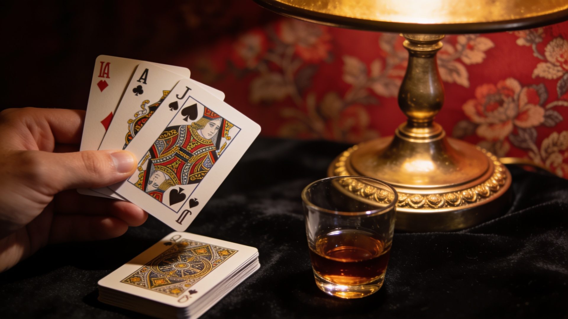Briscola on the W.F.A. deck, on black velvet under a brass lamp