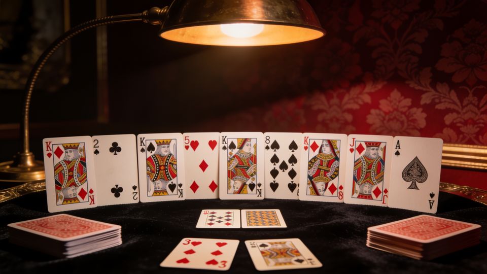 Canasta on the W.F.A. deck, on black velvet under a brass lamp