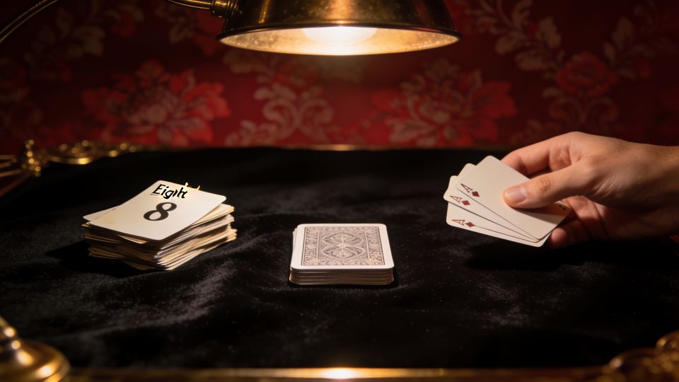 Crazy Eights on the W.F.A. deck, on black velvet under a brass lamp