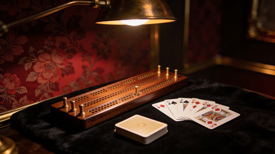 Cribbage on the W.F.A. deck, on black velvet under a brass lamp