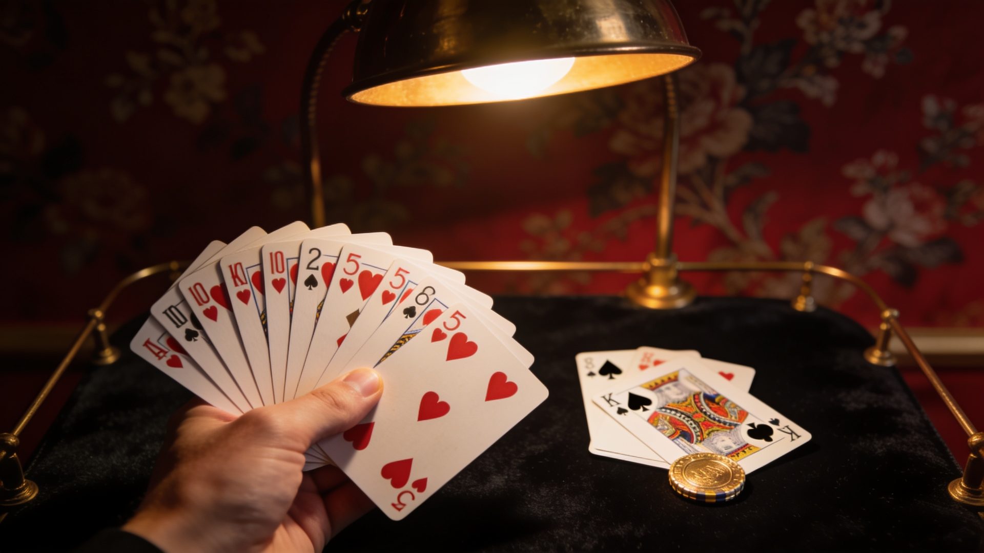 Hearts on the W.F.A. deck, on black velvet under a brass lamp