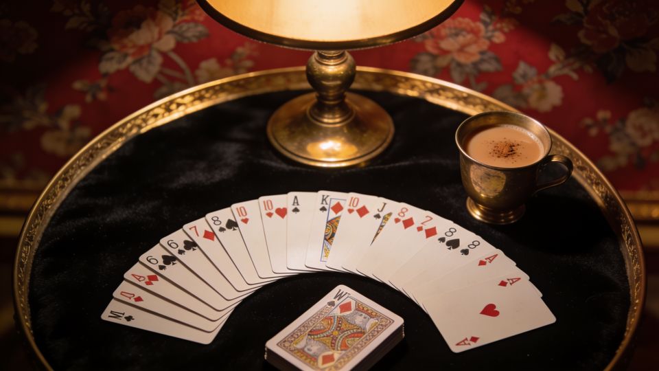 Indian Rummy on the W.F.A. deck, on black velvet under a brass lamp