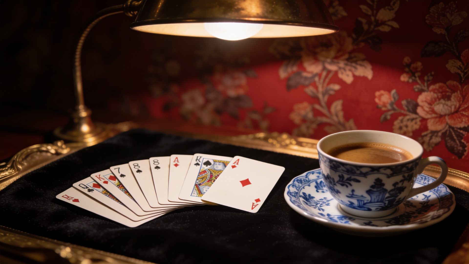 Klaverjas on the W.F.A. deck, on black velvet under a brass lamp