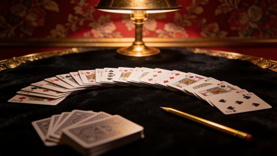 Rummy 500 on the W.F.A. deck, on black velvet under a brass lamp
