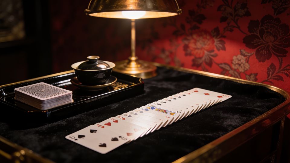 Sheng Ji on the W.F.A. deck, on black velvet under a brass lamp