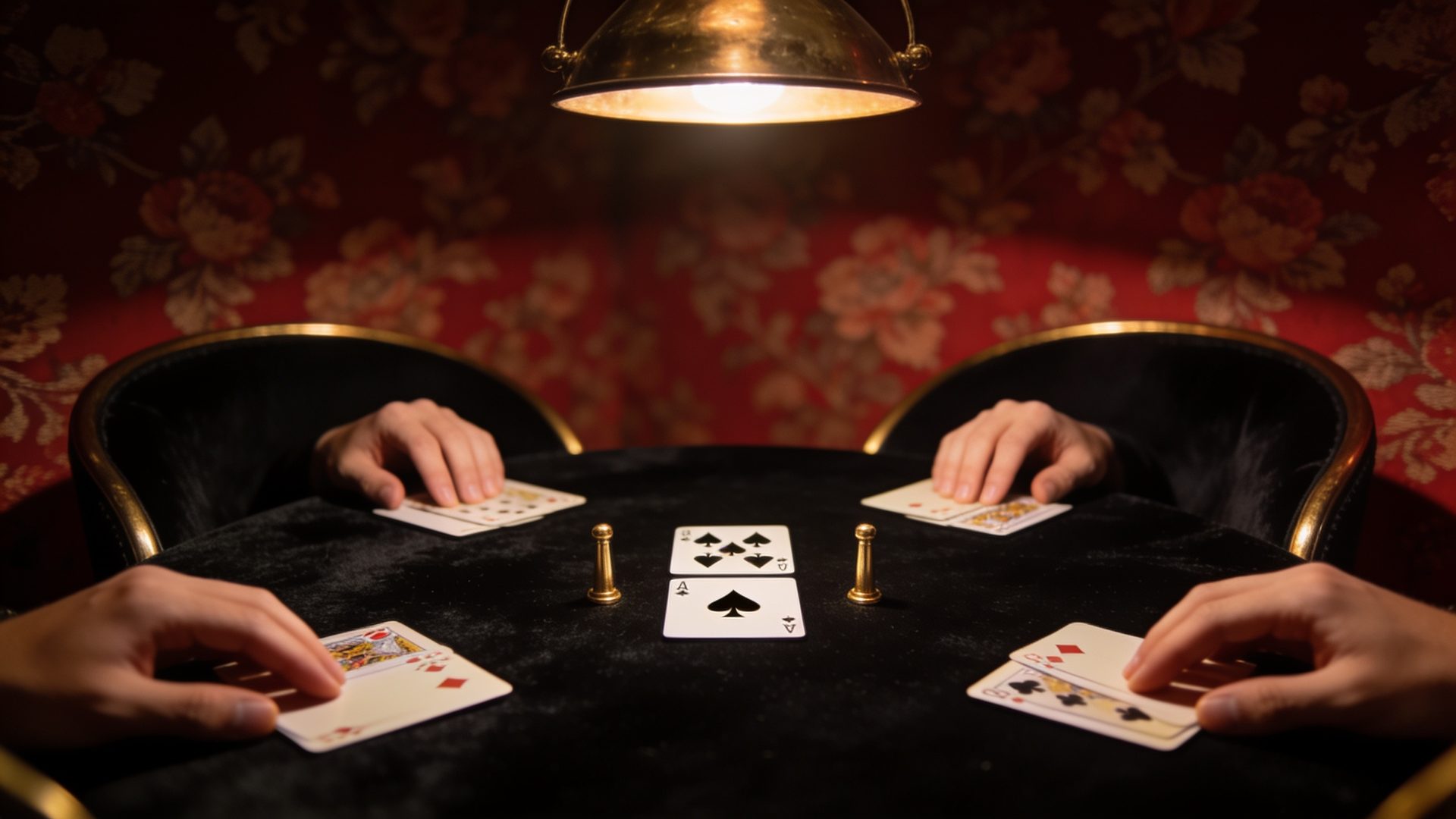 Spades on the W.F.A. deck, on black velvet under a brass lamp
