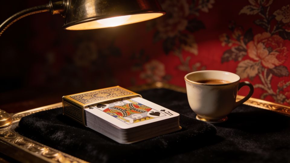 Sueca on the W.F.A. deck, on black velvet under a brass lamp