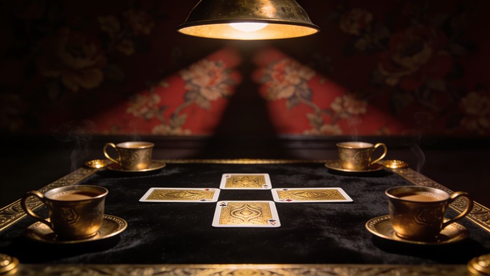 Tarneeb on the W.F.A. deck, on black velvet under a brass lamp