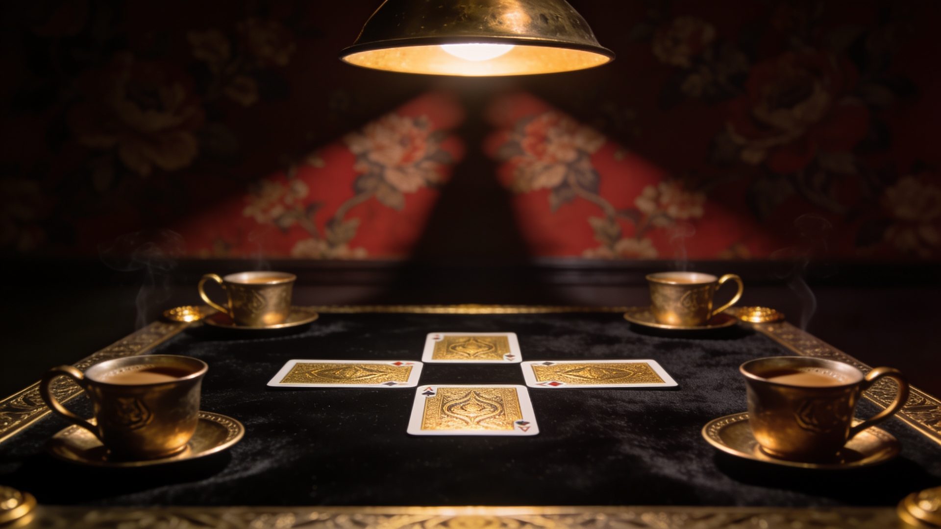 Tarneeb on the W.F.A. deck, on black velvet under a brass lamp