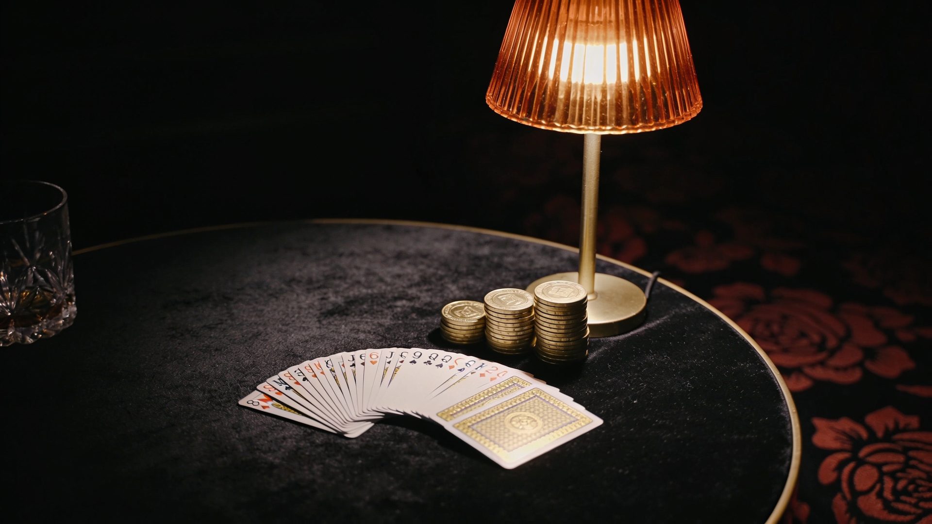 A fanned deck and stacked gold chips on a black card table under a lamp