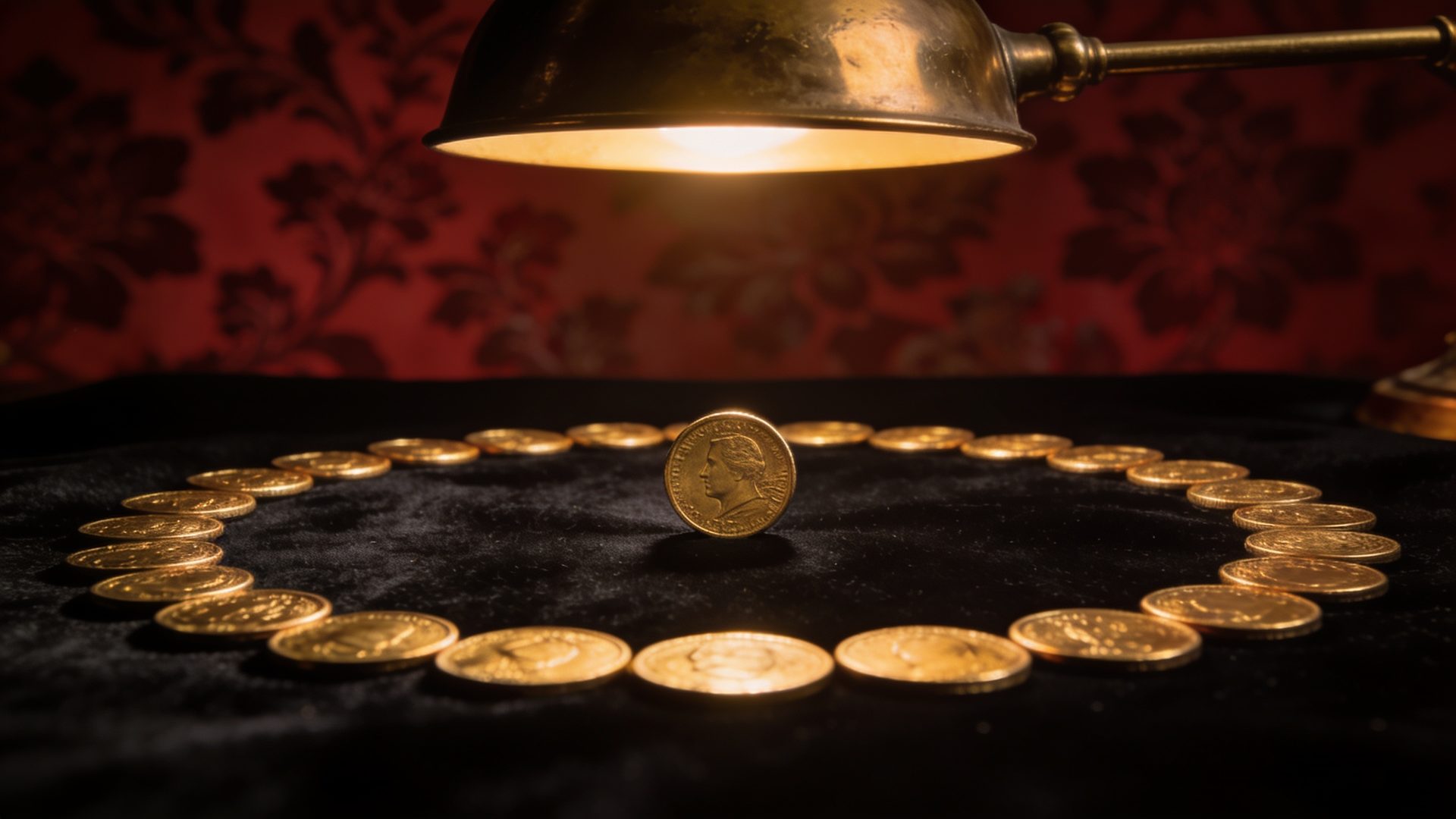 Ninety small gold coins in a circle with one standing in the centre