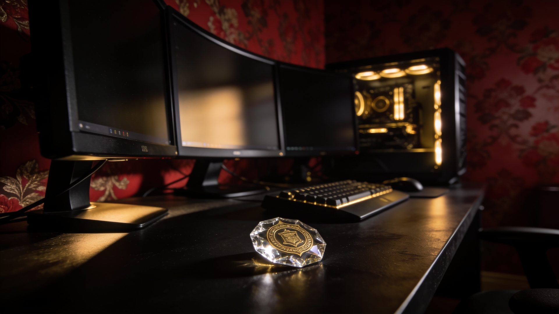 A curved triple-monitor game-room desk in black and gold
