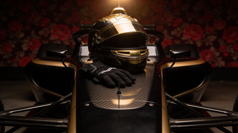 A black racing glove and a gold-visored helmet on a race car nose