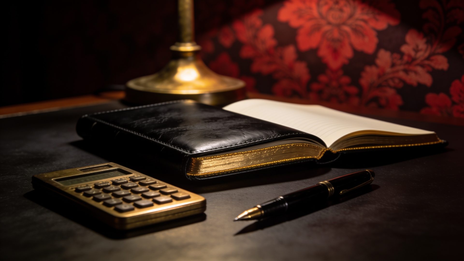 An open black notebook with gold-edged pages, a brass calculator and a fountain pen