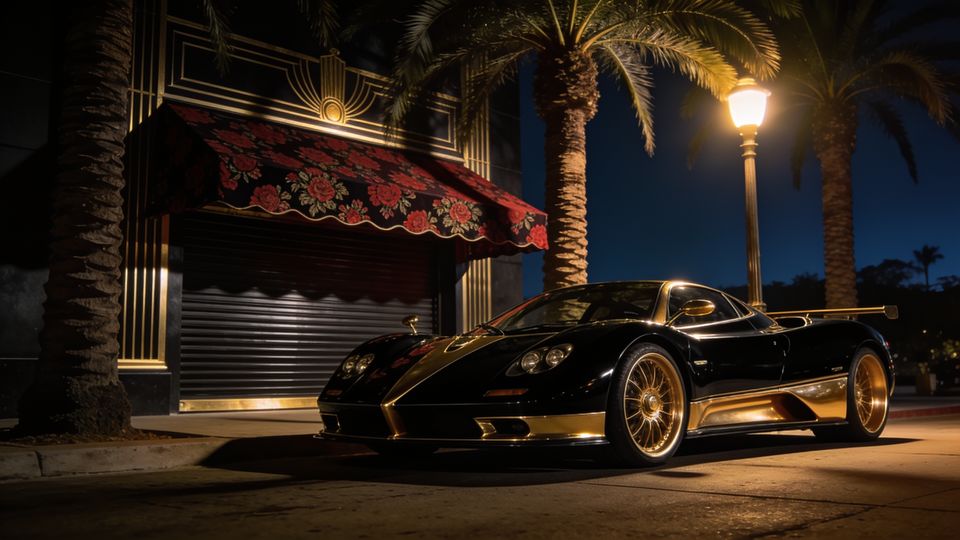 A black and gold sports car under palm trees on a dark art-deco boulevard