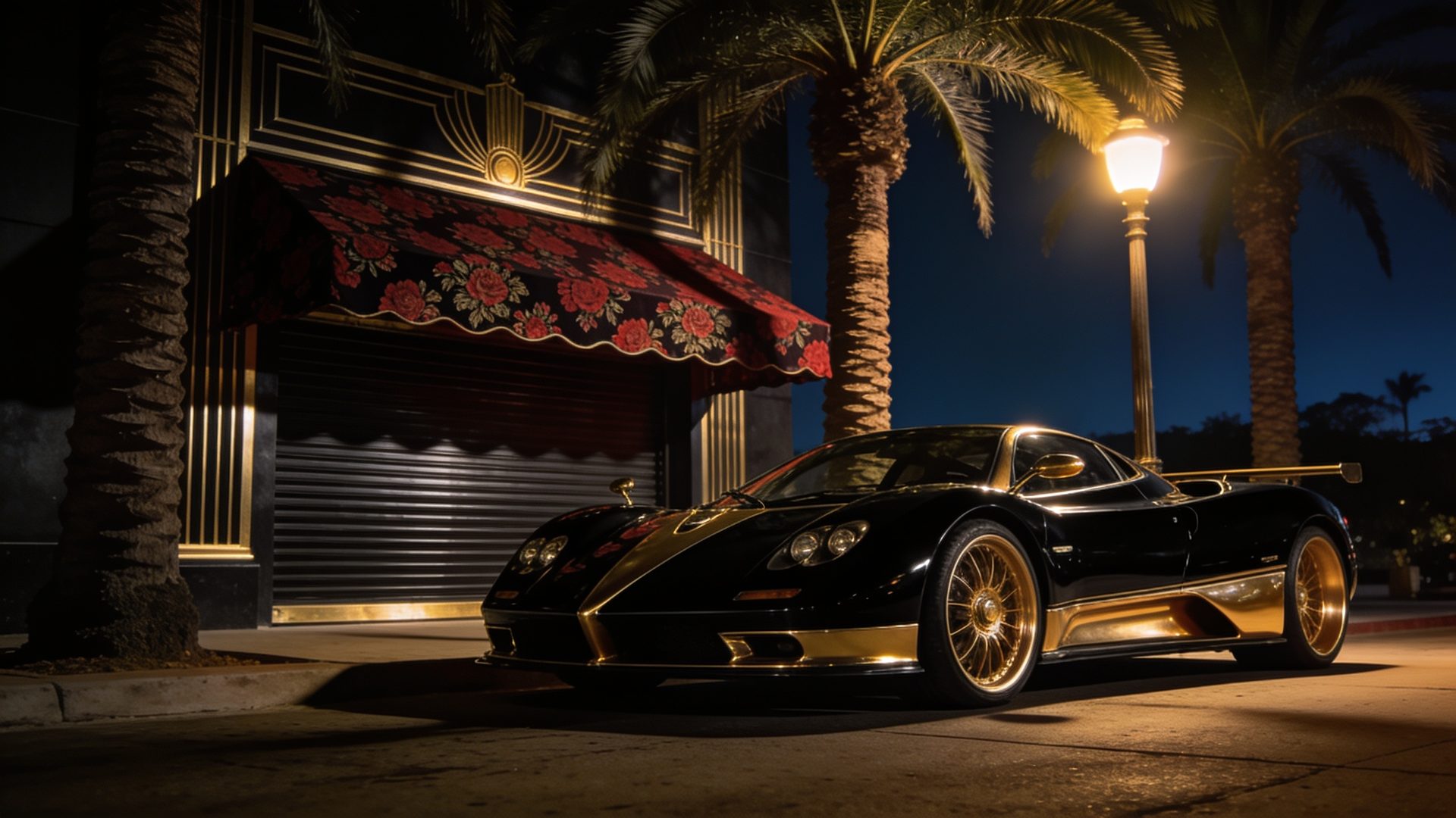 A black and gold sports car under palm trees on a dark art-deco boulevard