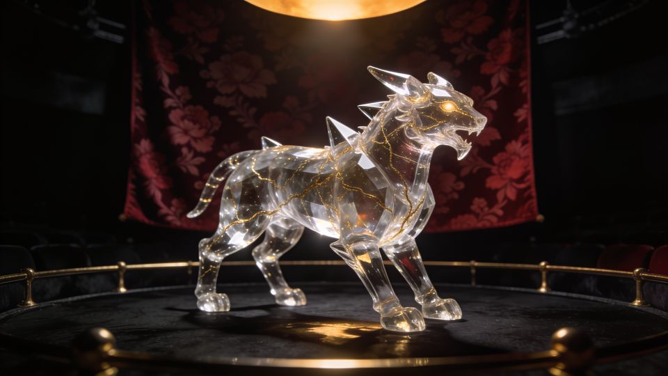 A crystal-glass creature with gold veins in a dark arena
