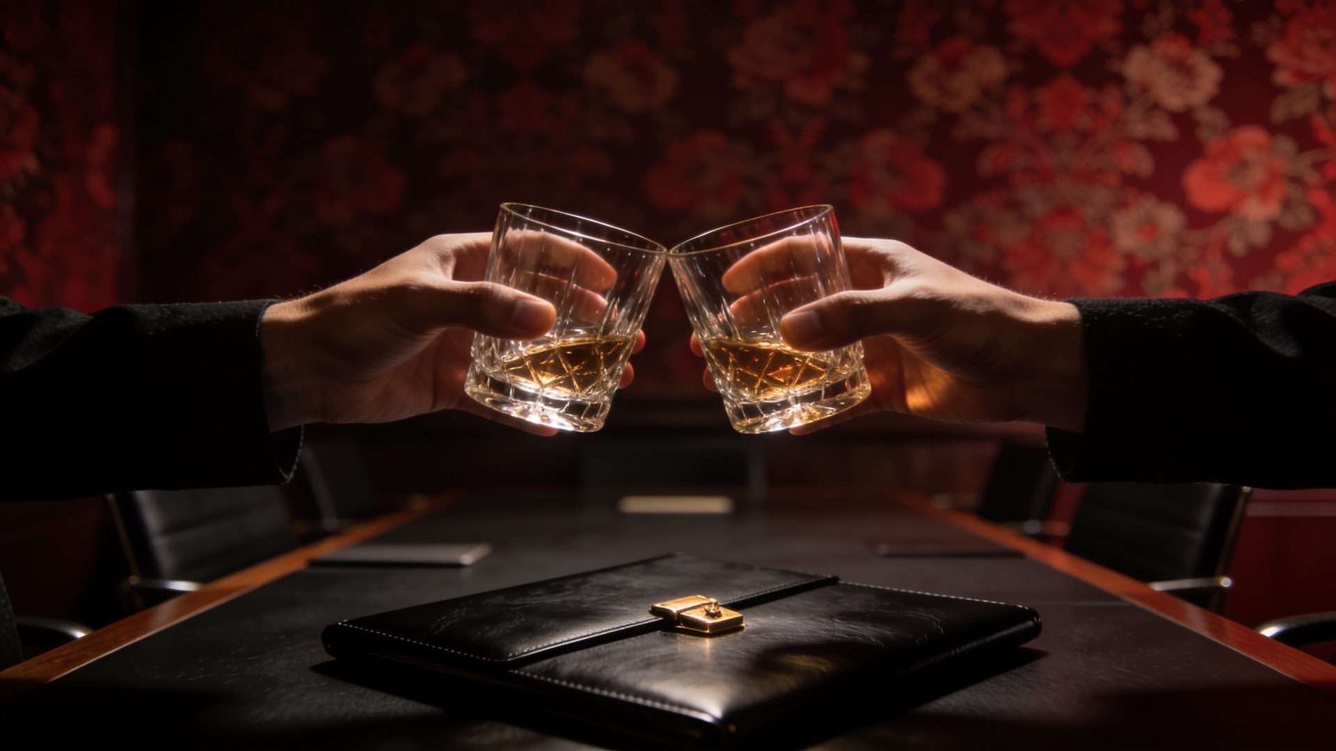Two crystal tumblers in a toast above a black leather folder
