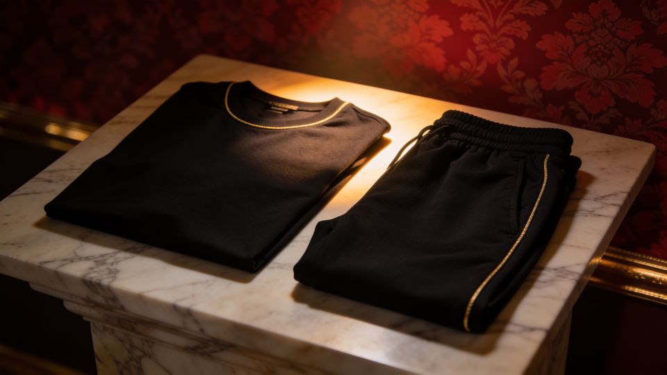 A black t-shirt and joggers with a thin gold trim on a marble plinth