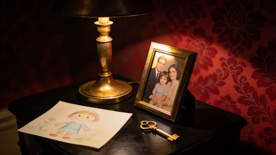 A framed family photo turned away, a child's drawing and a gold key