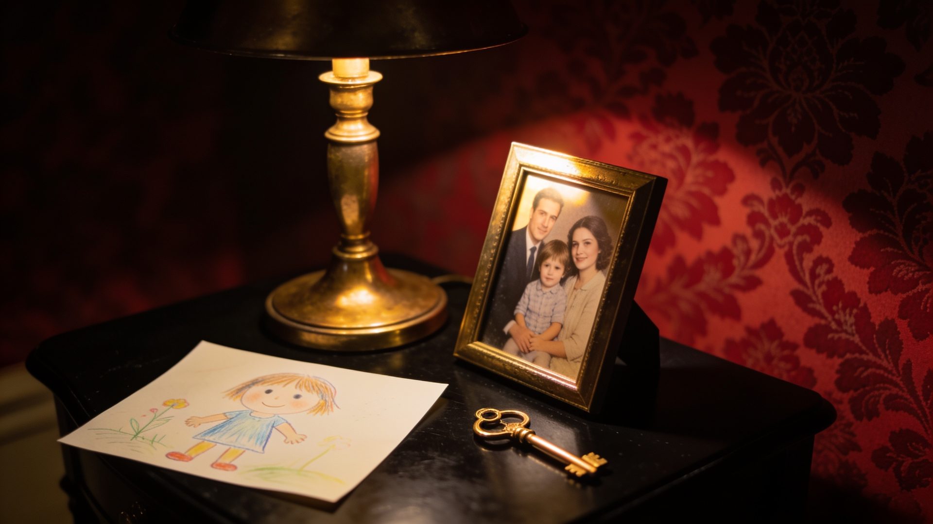 A framed family photo turned away, a child's drawing and a gold key