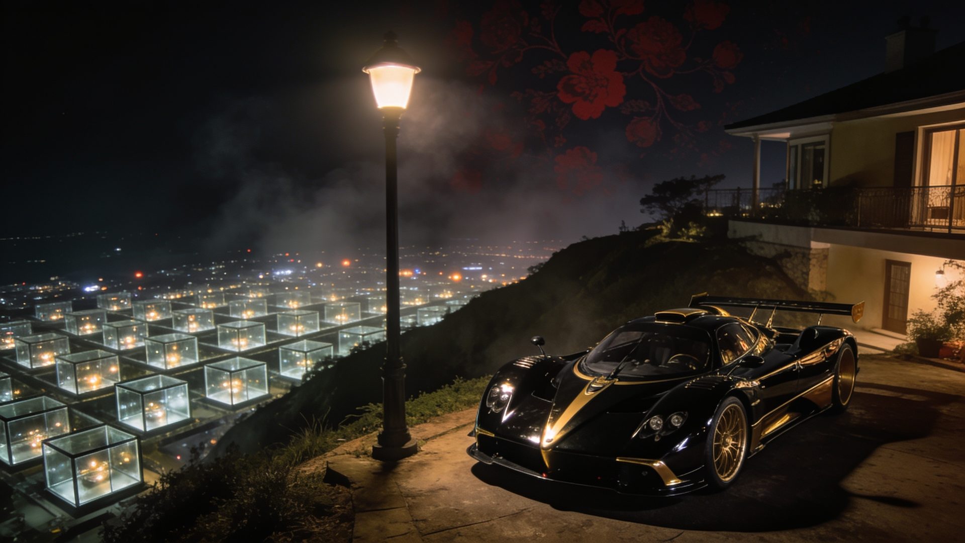 A black and gold race car on a hilltop above a glowing city grid