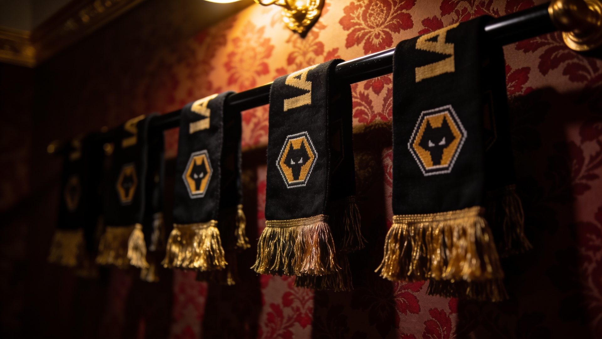 A row of black team scarves with gold fringe on a rail