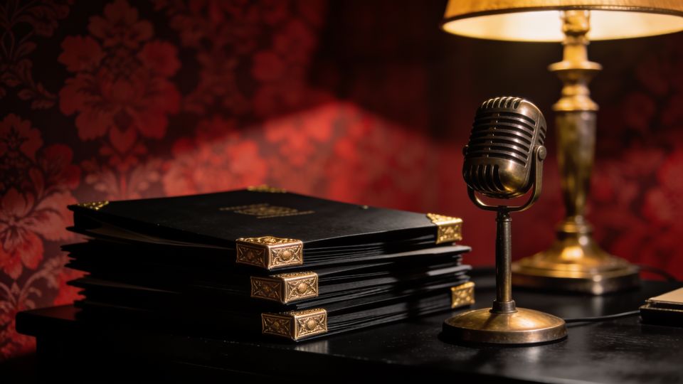 Black press folders with gold corners and a vintage brass microphone