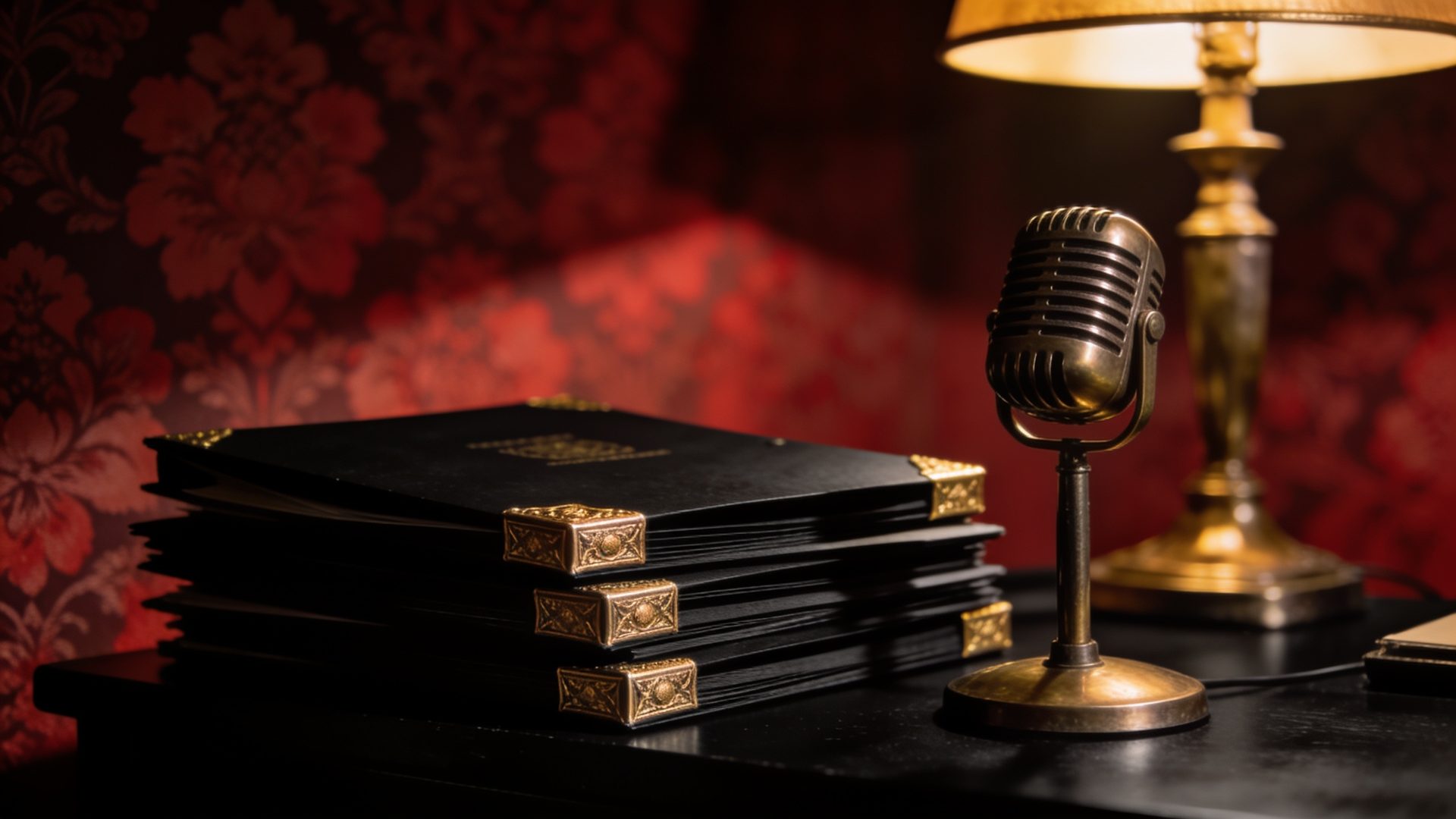 Black press folders with gold corners and a vintage brass microphone