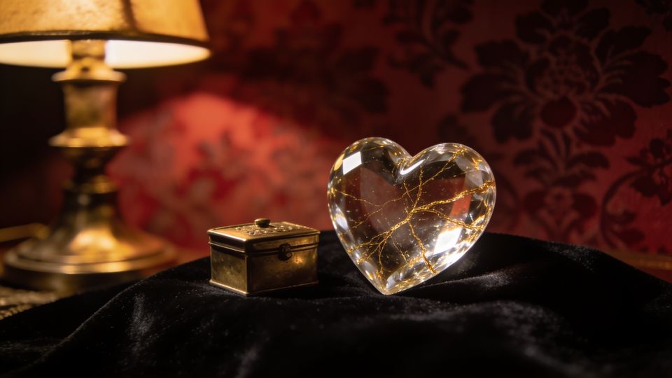 A crystal-glass heart with gold veins beside a brass collection box