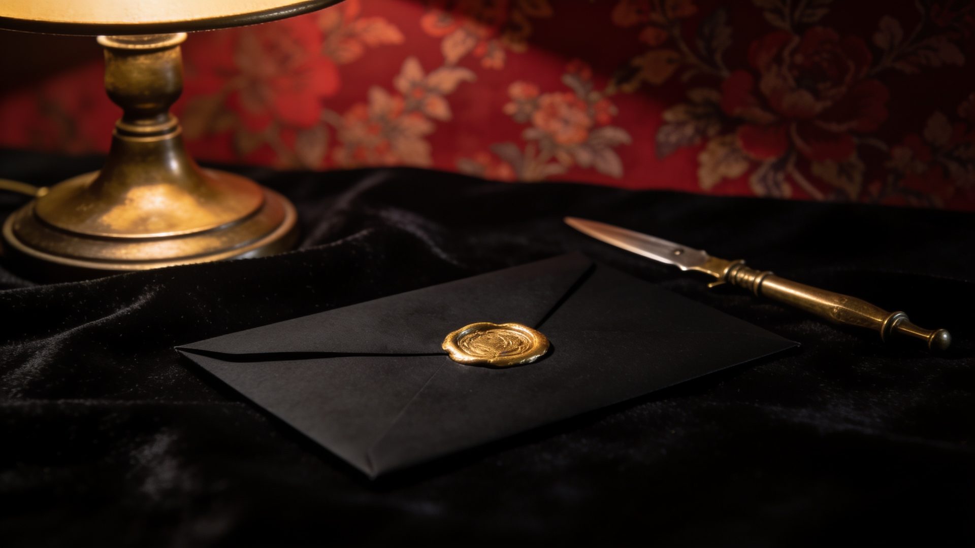 A black envelope sealed with gold wax beside a brass letter opener