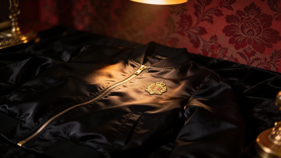 A black silk bomber jacket with a small gold crest