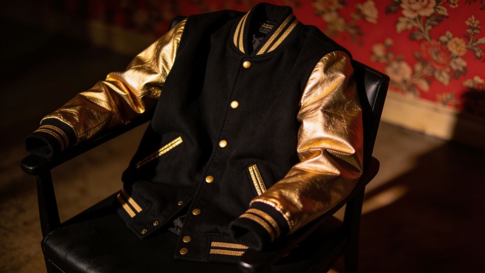 A black varsity jacket with gold leather sleeves over a black chair
