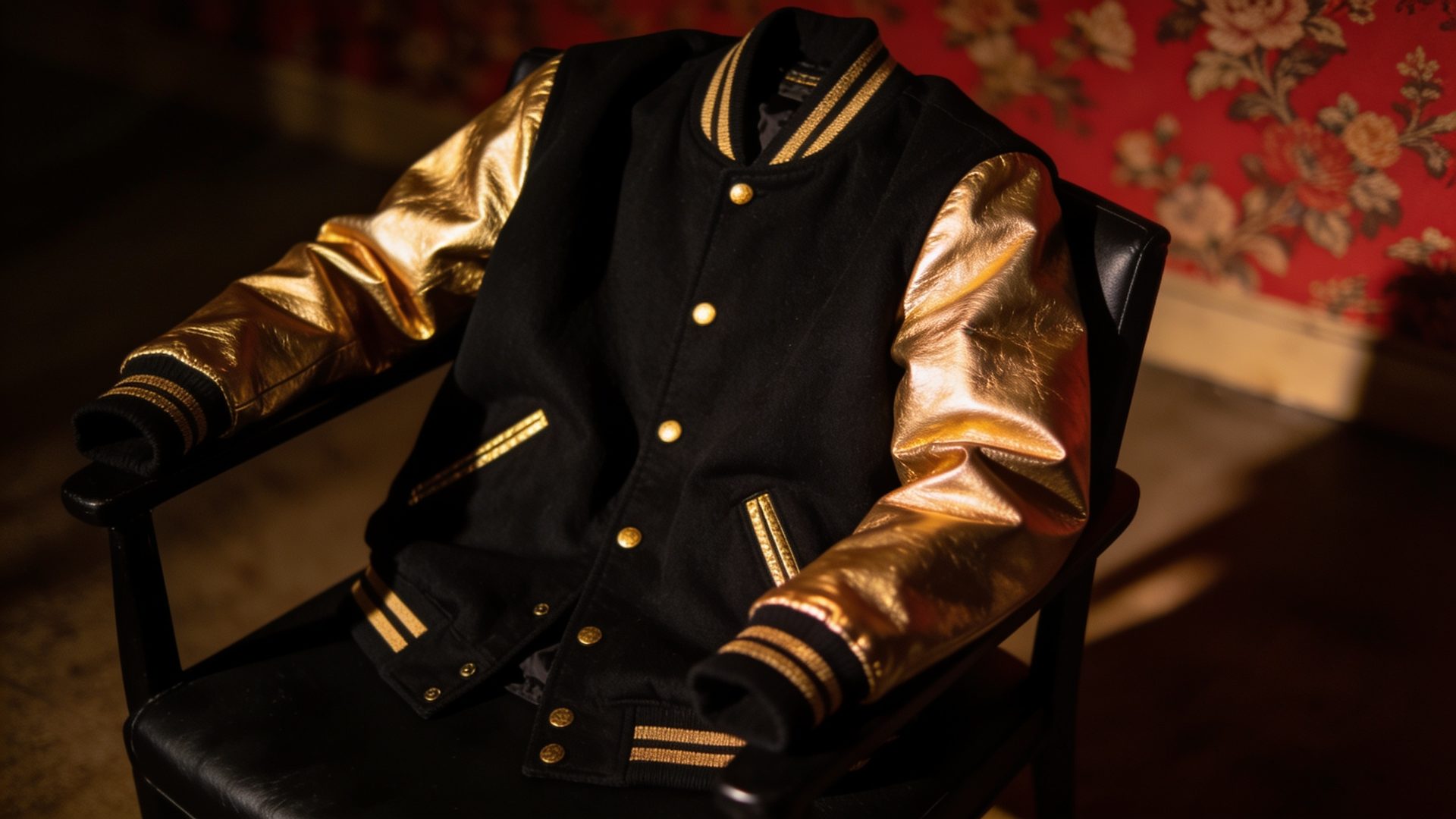 A black varsity jacket with gold leather sleeves over a black chair