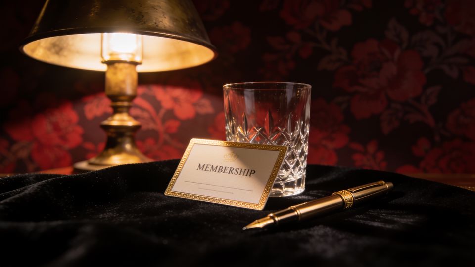 A crystal-glass membership card with gold edges beside a gold fountain pen
