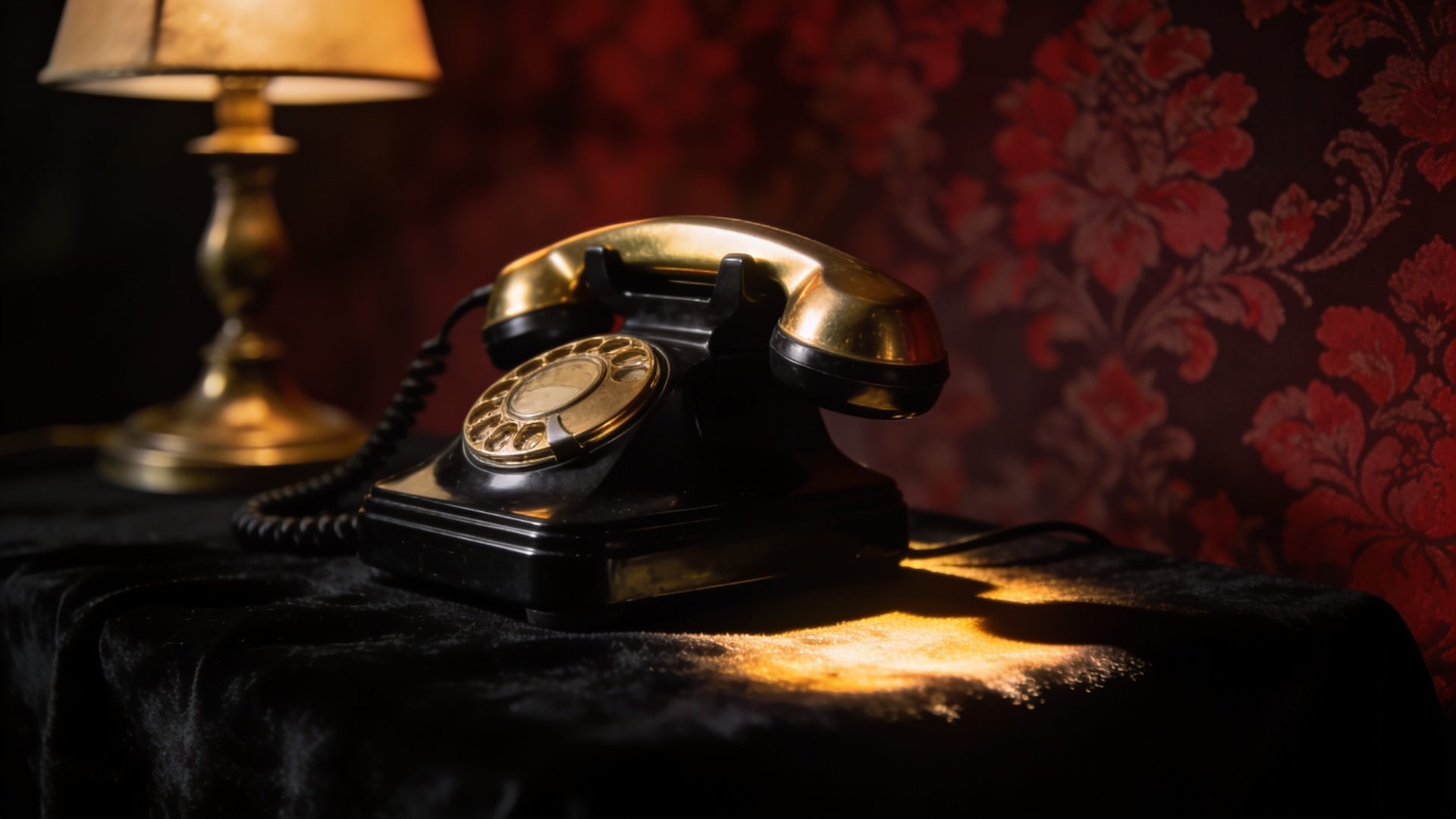 A black rotary telephone with a gold handset