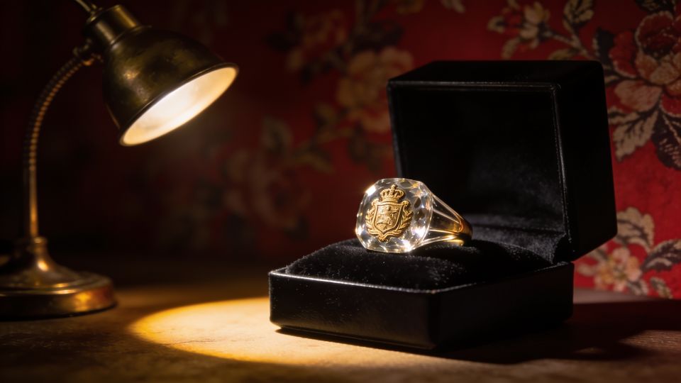 A crystal-glass signet ring with a gold crest on a velvet cushion