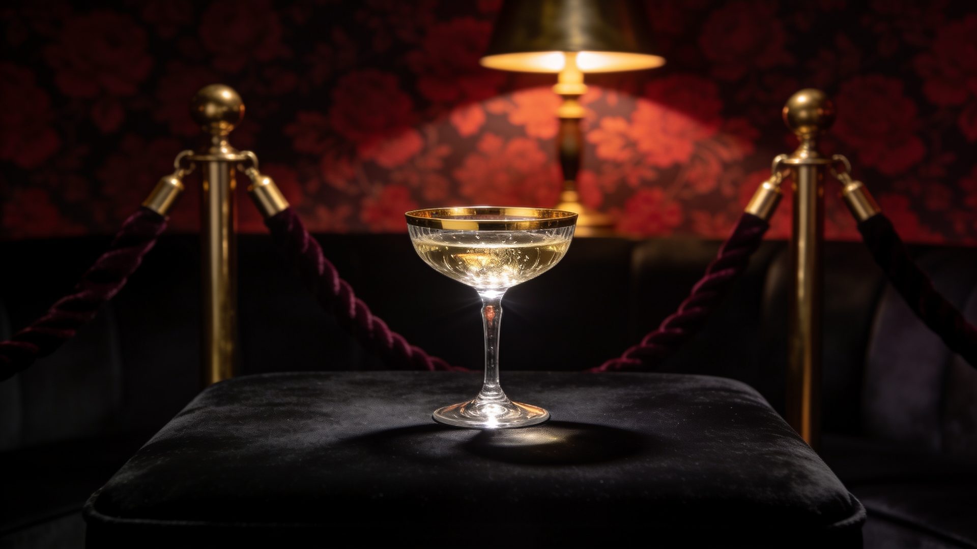 A crystal champagne coupe in a private lounge behind a velvet rope