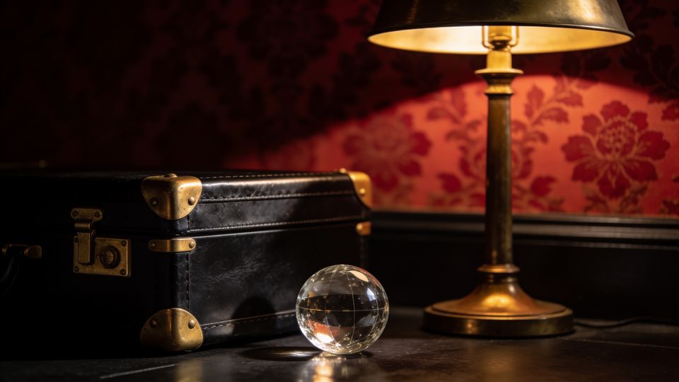 A black leather suitcase with gold corners and a crystal-glass globe