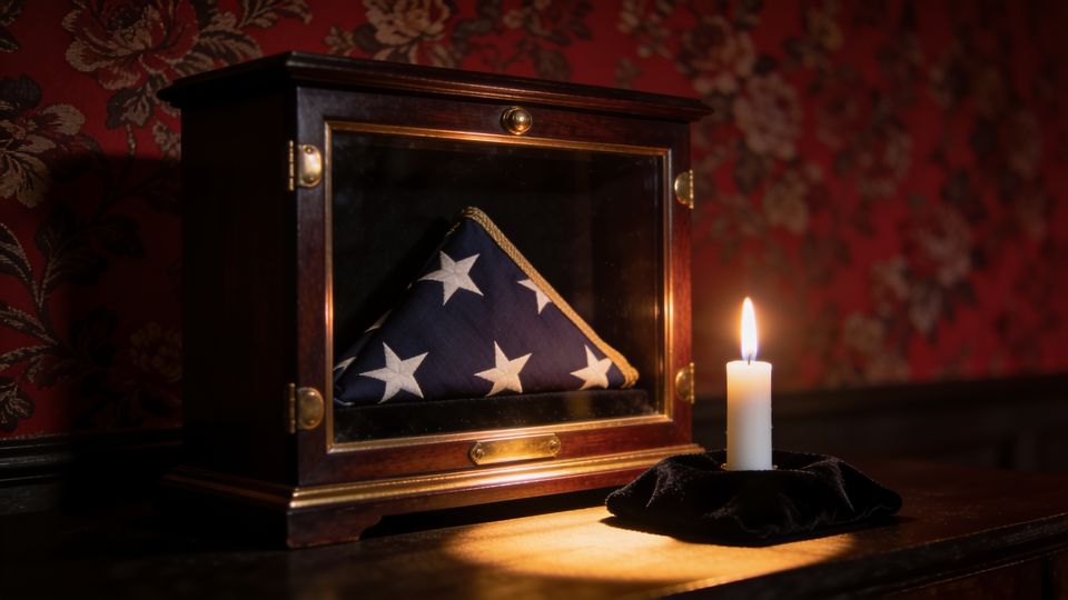 A folded flag in a walnut case with a single candle burning