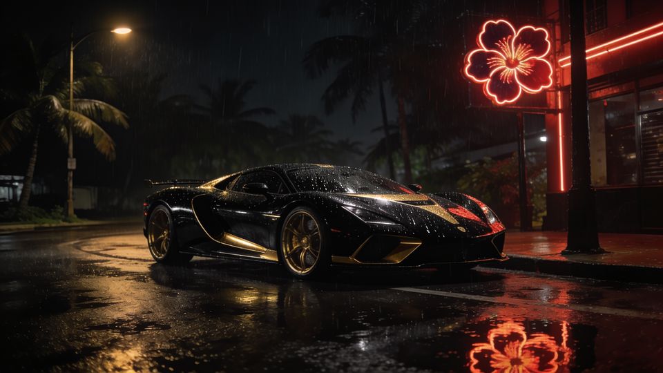 A black and gold supercar on a rain-wet neon street corner