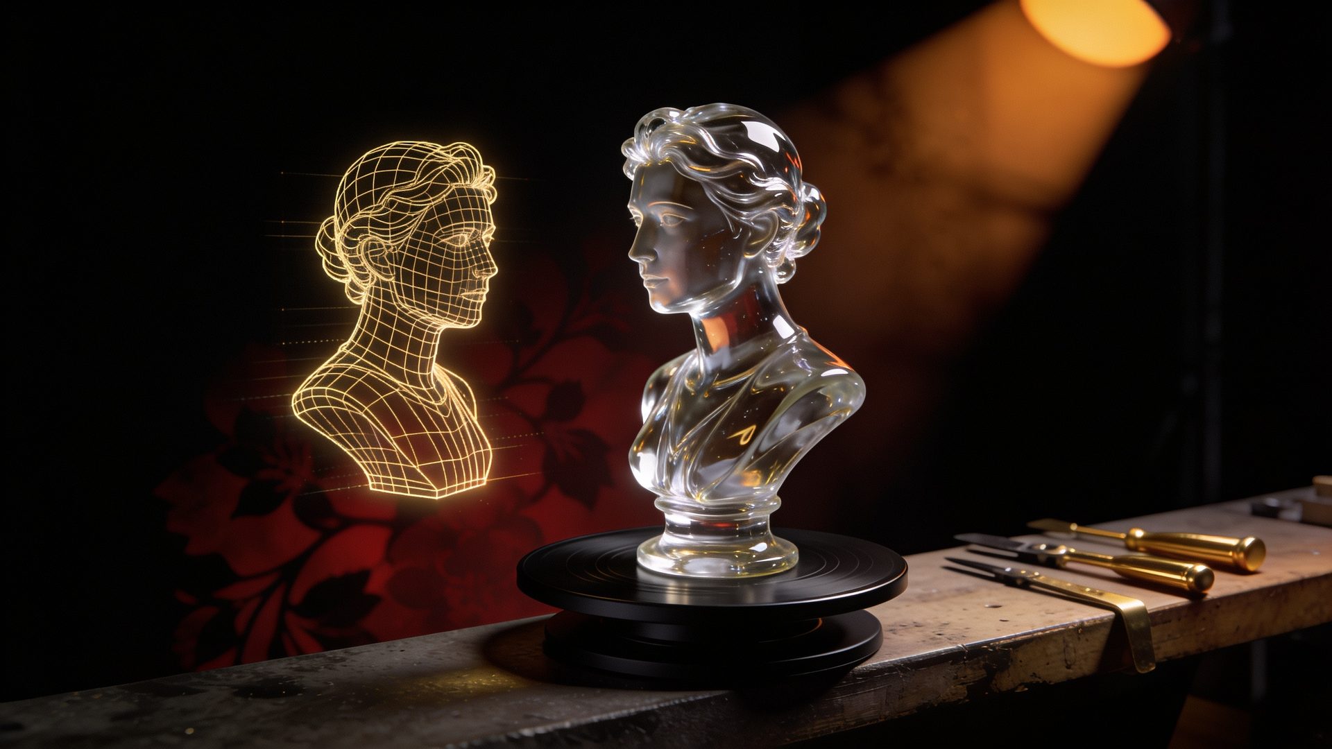 A liquid-glass bust and its gold wireframe hologram