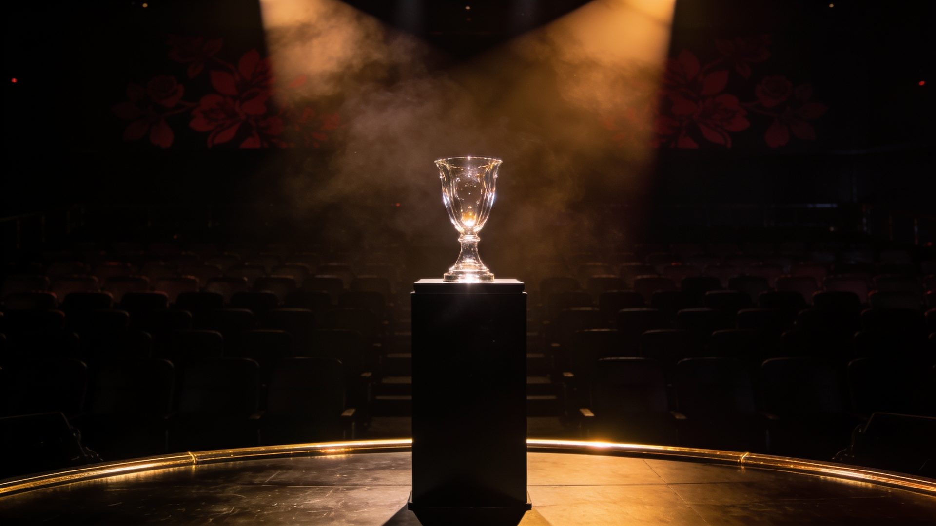 A liquid-glass trophy on an empty esports stage