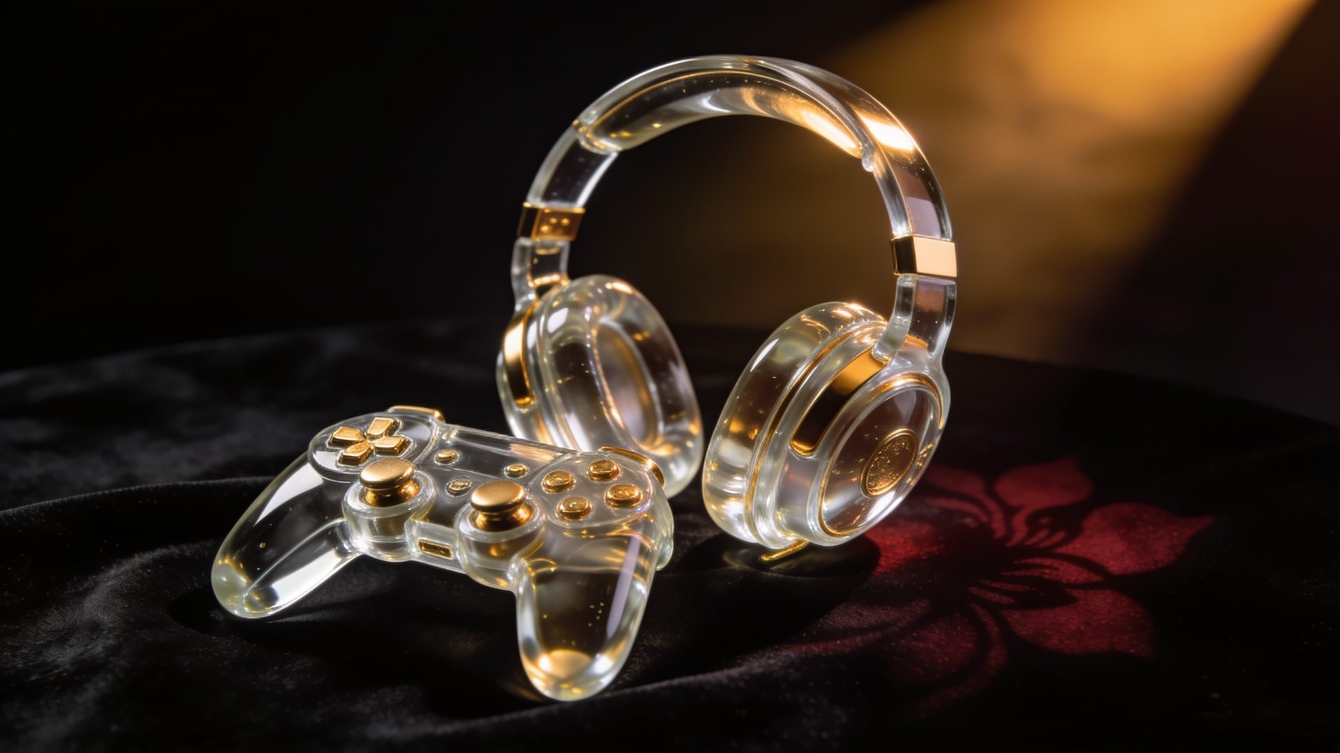 A liquid-glass headset and controller on black velvet