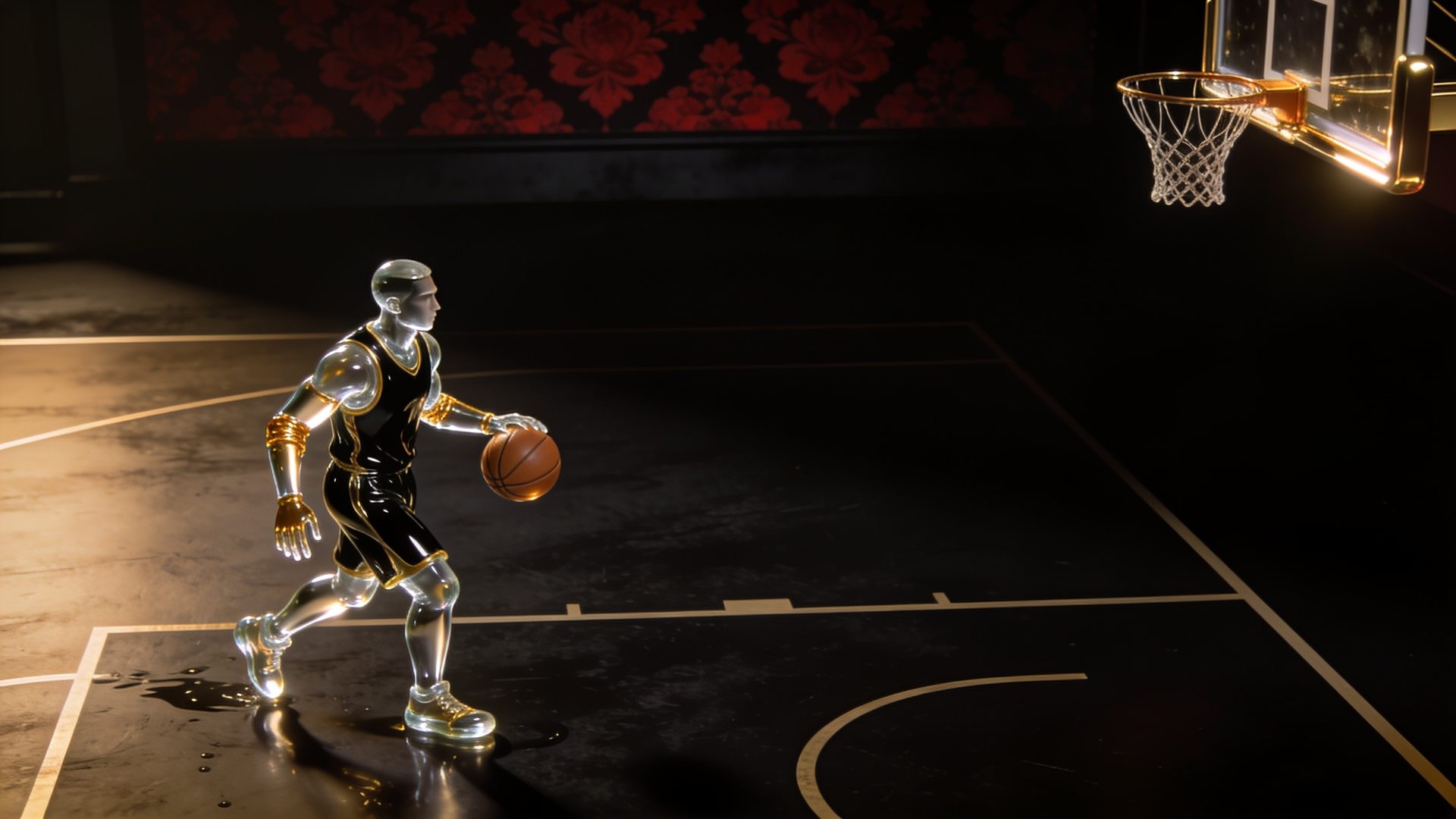 A basketball player with liquid-glass limbs dribbling on a dark court
