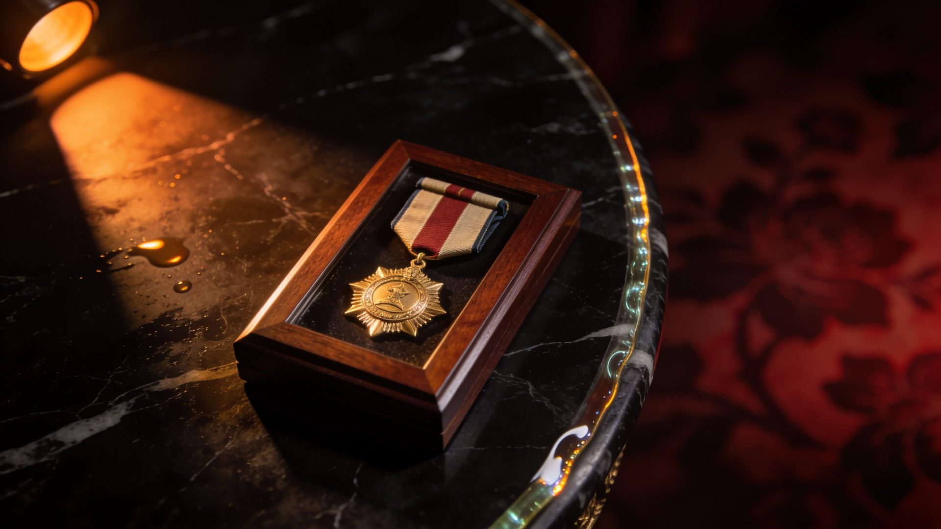 A folded flag and a gold service medal in warm light