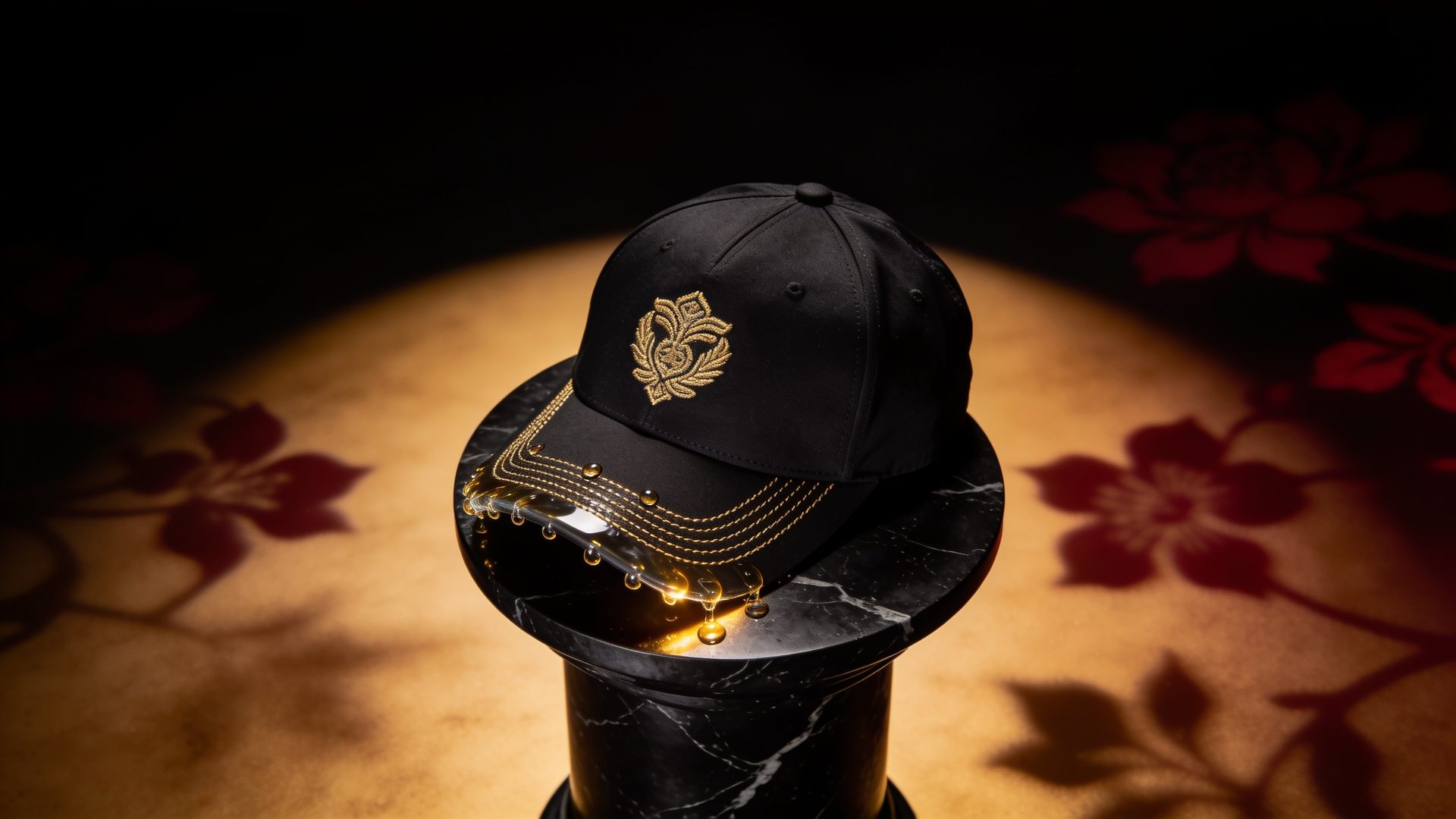 A black cap with gold stitching on a marble plinth