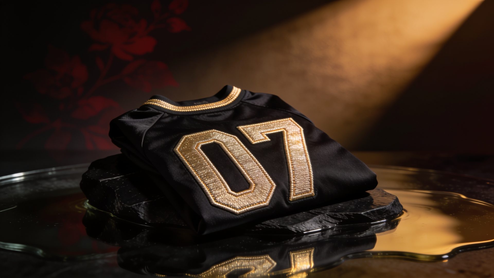 A folded black jersey with gold trim and the number 07
